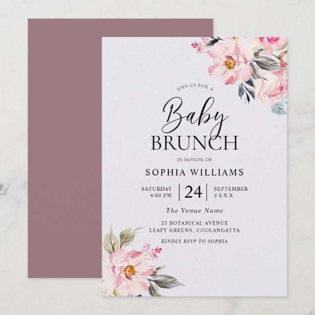 Dusty Rose Blumenrot Pink Babydusche Brunch Einladung (Vorne/Hinten)