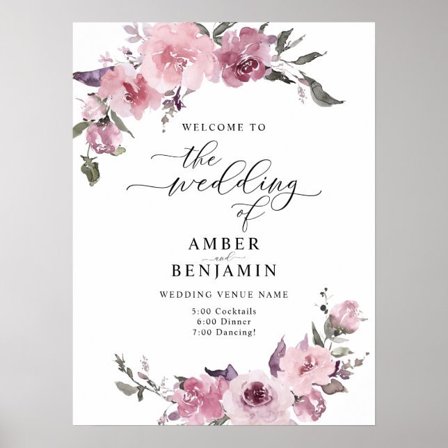 Dusty Rose Blumenrot Pink Mauve Wedding Willkommen Poster (Vorne)