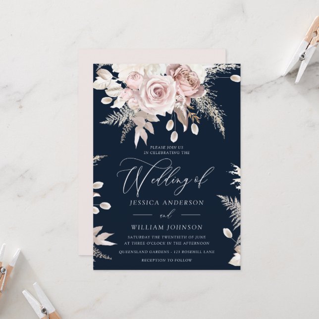 Dusty Rose Blush Boho Pink Floral Wedding Navy Einladung (Vorderseite/Rückseite Beispiel)