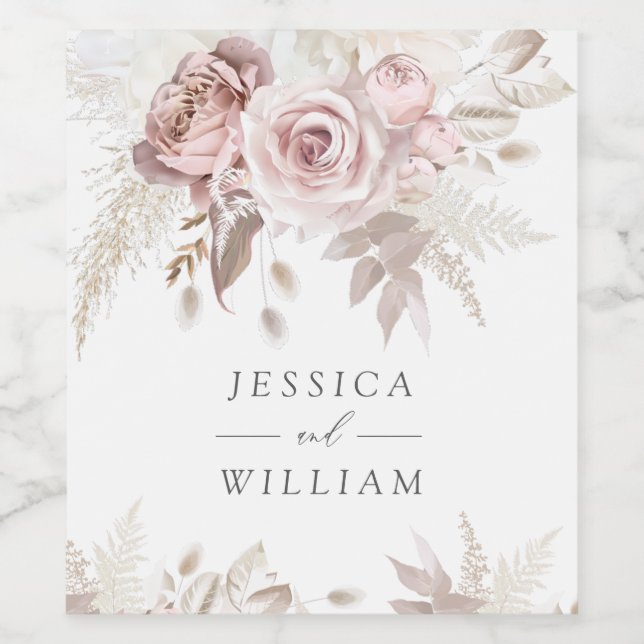 Dusty Rose Blush Elfenbeinblume Hochzeitsempfang Weinetikett (Einzelnes Label)