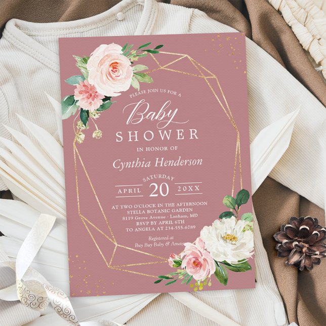 Dusty Rose Blush Floral Gold Geometric Baby Dusche Einladung (Von Creator hochgeladen)