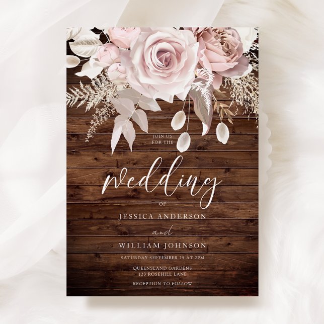 Dusty Rose & Blush Floral Rustic Wedding Einladung (Von Creator hochgeladen)