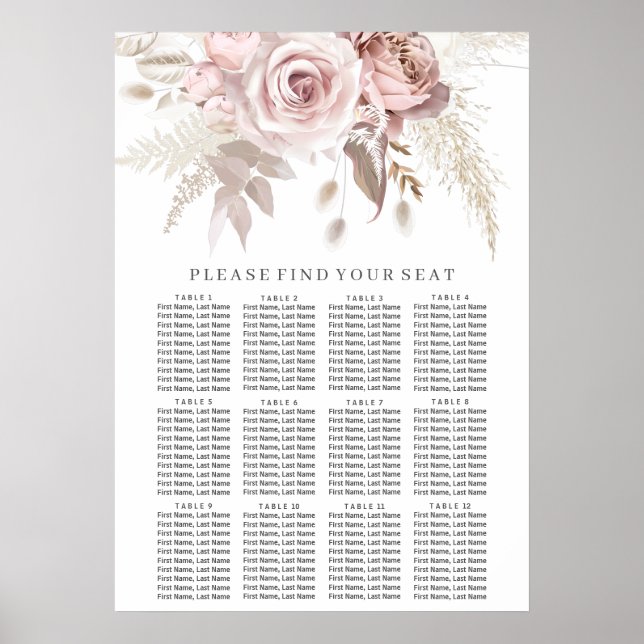 Dusty Rose Blush Floral Wedding Seating Chart Poster (Vorne)