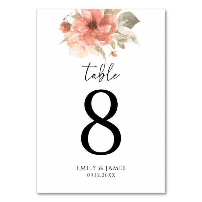 Dusty Rose Blush Floral Wedding Tischnummer Card (Vorderseite)