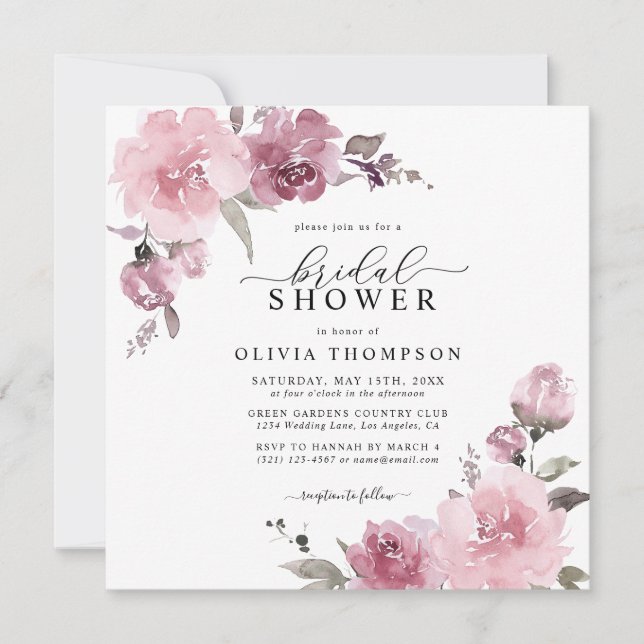 Dusty Rose Blush Mauve Floral Blume Brautparty Einladung (Vorderseite)