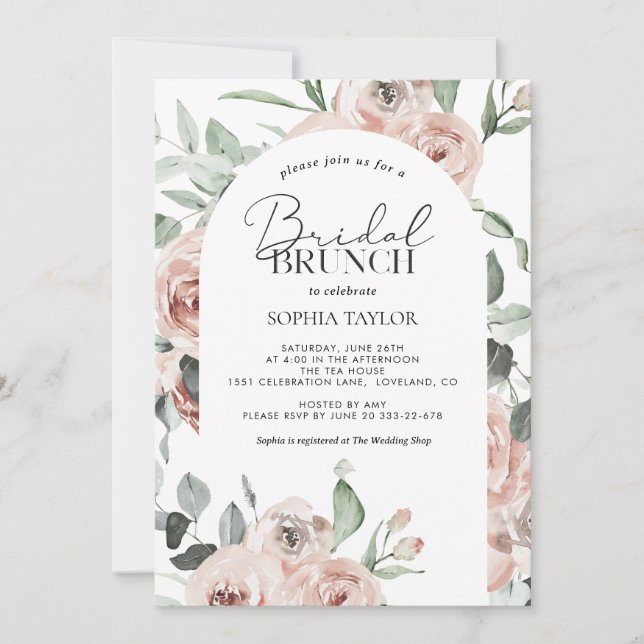 Dusty Rose Blush Pink Eukalyptus Bridal Brunch Einladung (Vorderseite)