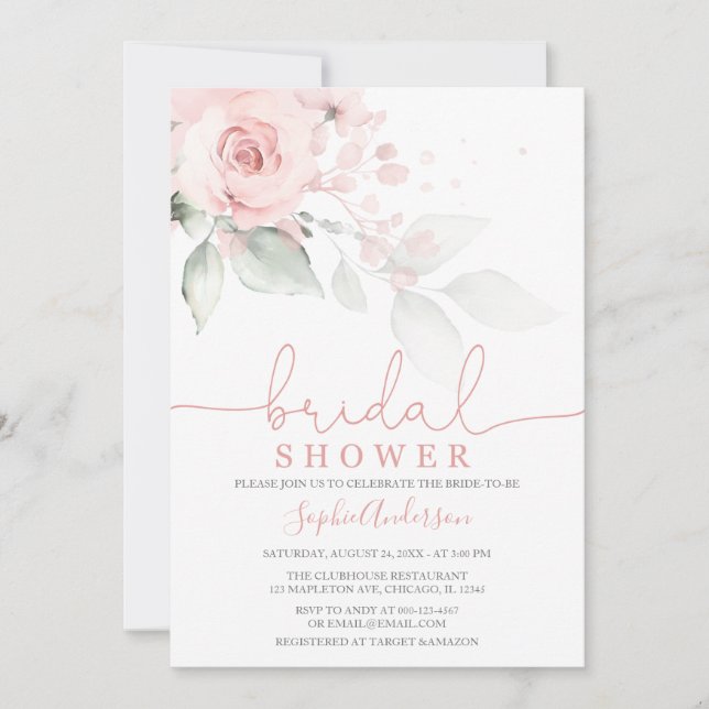 Dusty Rose Blush Pink Floral Brautparty Einladung (Vorderseite)