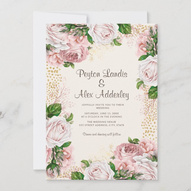 Dusty Rose Blush Pink Floral Gold Glitzer Hochzeit Einladung (Vorderseite)