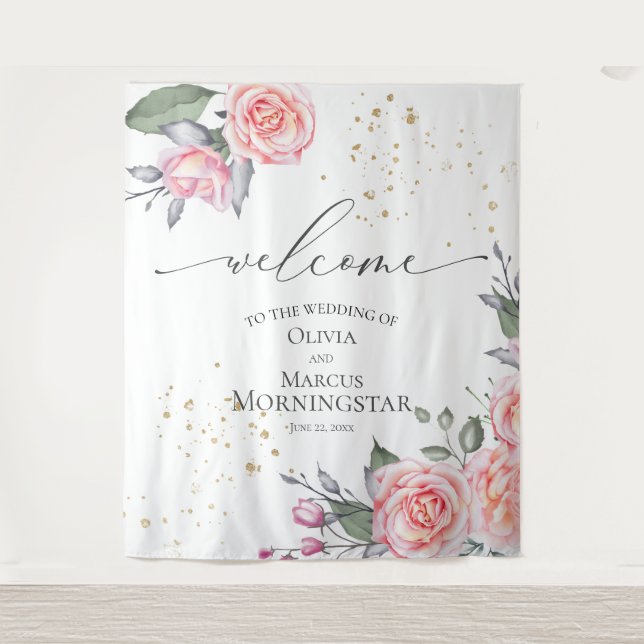 Dusty Rose Blush Pink Floral Wedding Prop Wandteppich (Vorderseite)