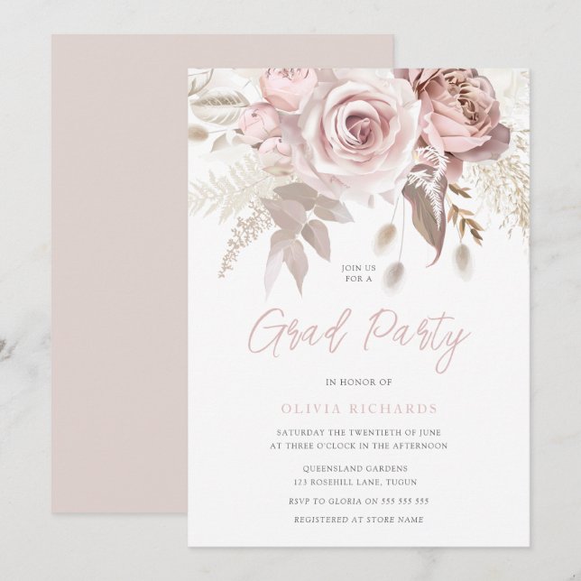 Dusty Rose Blush Pink Roses Grad Party Abschluss Einladung (Vorne/Hinten)
