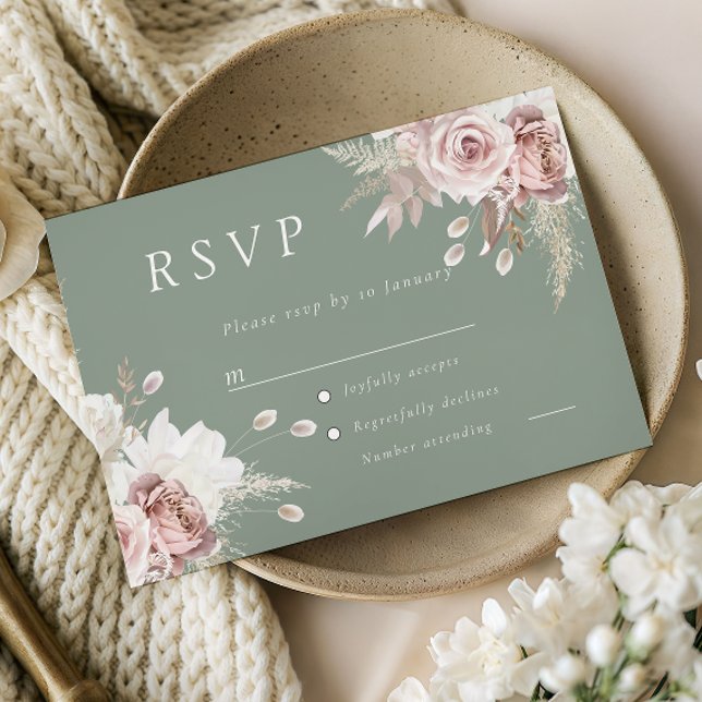 Dusty Rose Blush & Sage Floral Wedding All Event RSVP Karte (Von Creator hochgeladen)
