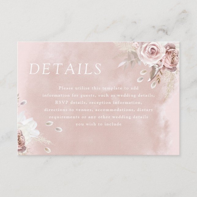 Dusty Rose Blush Wasserfarbe Hochzeitsdetails Begleitkarte (Vorderseite)