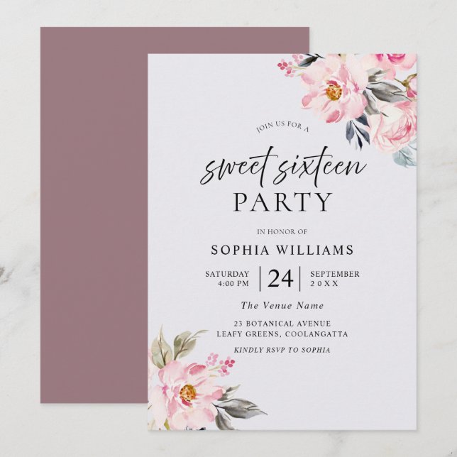 Dusty Rose Blütenrot Rosa Sweet 16 Einladung (Vorne/Hinten)