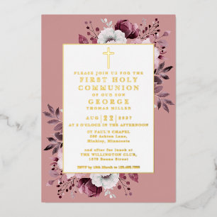 Dusty Rose Boho Floral First Holy Communion Gold Folieneinladung