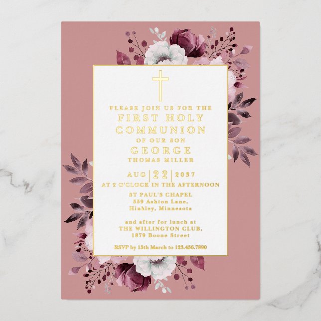 Dusty Rose Boho Floral First Holy Communion Gold Folieneinladung (Vorderseite)