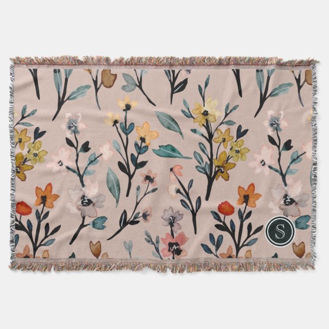 Dusty Rose Boho Floral Wasserfarbe Custom Decke (Vorderseite)