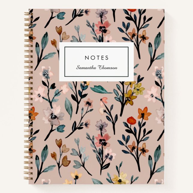 Dusty Rose Boho Floral Wasserfarbe Custom Notizbuch (Vorderseite)