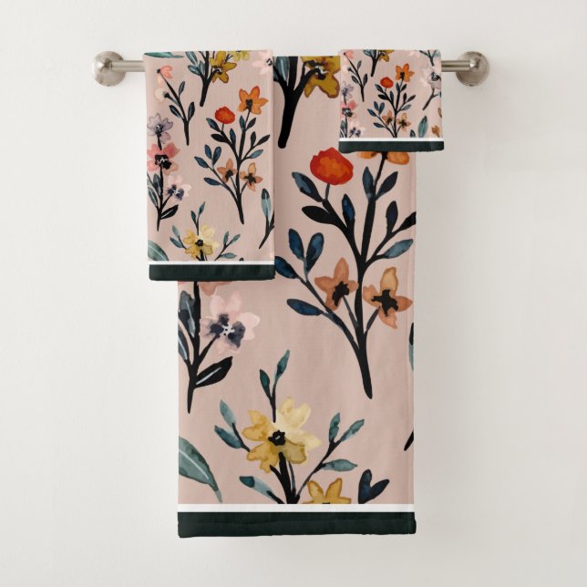 Dusty Rose Boho Floral Watercolor Badhandtuch Set (Insitu)