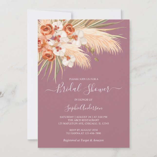 Dusty Rose Boho Pampas Grass Brautparty Einladung (Vorderseite)