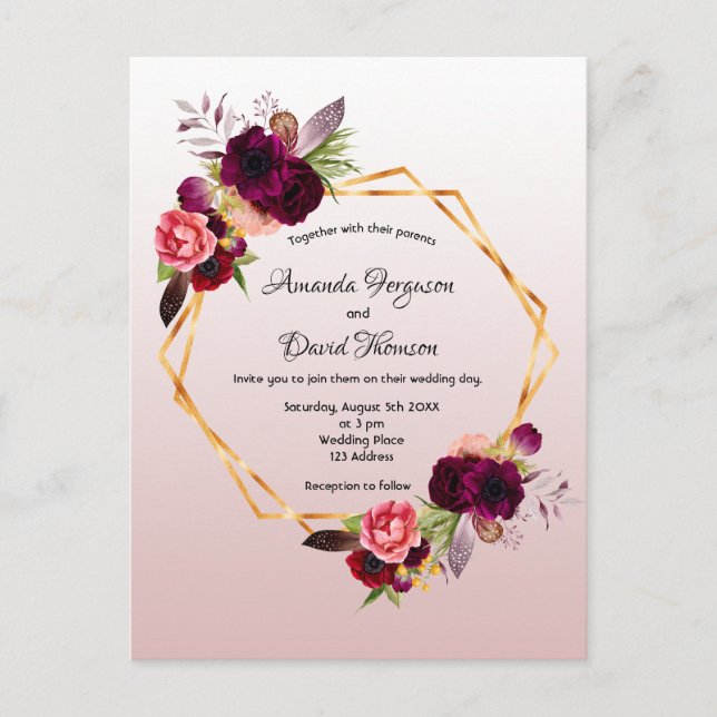 Dusty Rose Bordeaux Blumen Einladung Hochzeit Postkarte (Vorderseite)