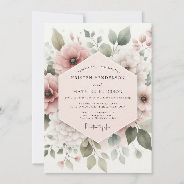 Dusty Rose Botanical Bloom Wedding Einladung (Vorderseite)