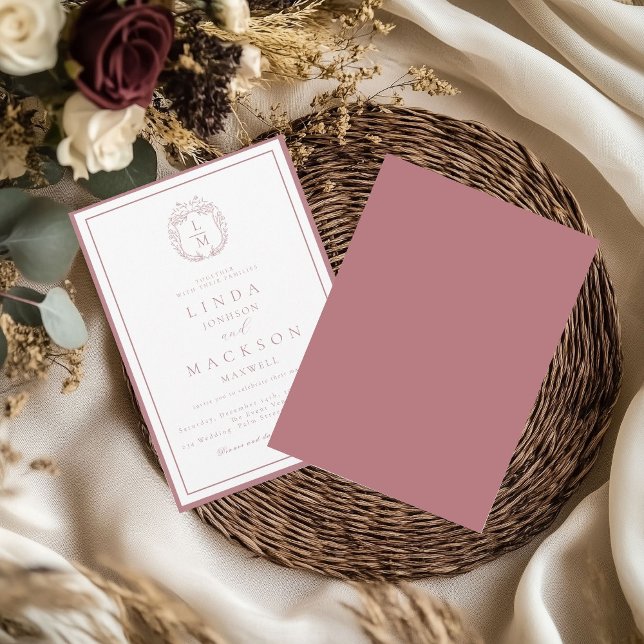 Dusty Rose botanical crest monogram wedding Einladung (Von Creator hochgeladen)
