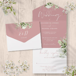 Dusty Rose Botanical Greenerity Monogram Wedding All In One Einladung