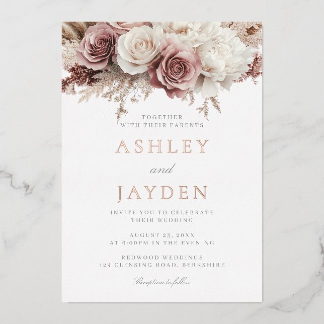 Dusty Rose Botanische Blume Hochzeit Rose Gold Folieneinladung (Vorderseite)