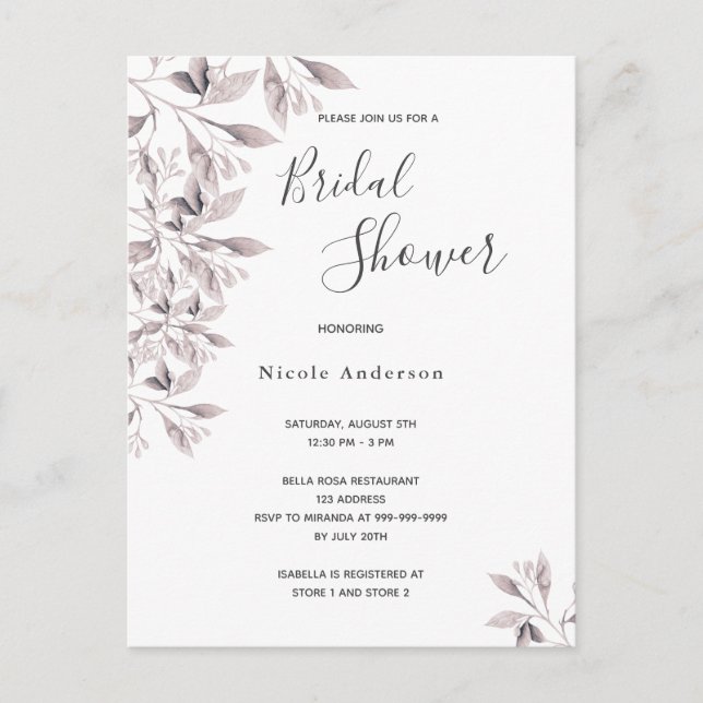 Dusty Rose botanische Bridal Dusche Einladung Postkarte (Vorderseite)