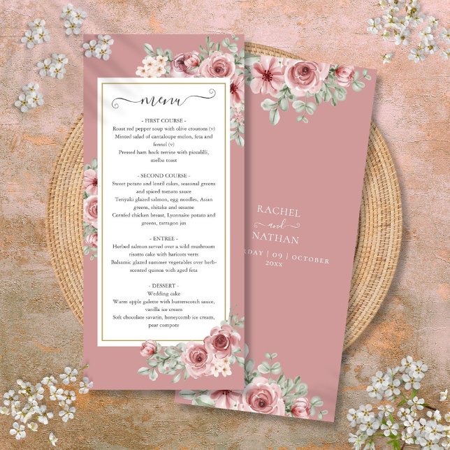 Dusty Rose Botanisches Hochzeitsessen Menükarte (Dusty Rose Floral Botanical Wedding Dinner Menu)