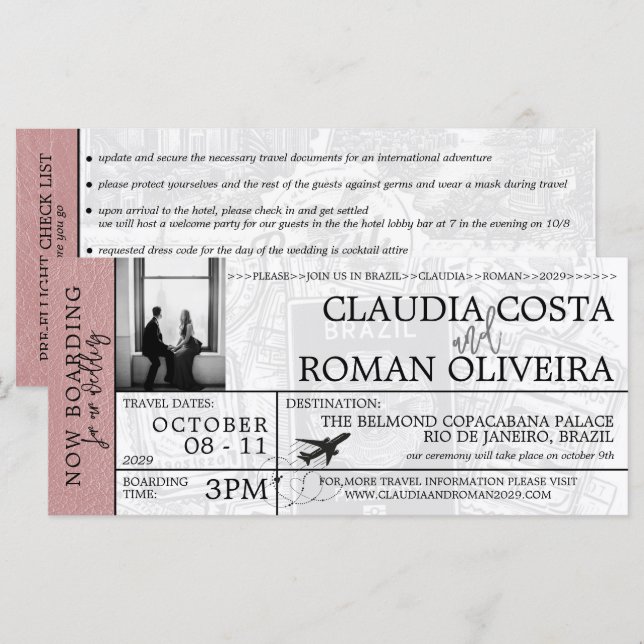 Dusty Rose Brésil Mariage Boarding Pass Invitation (Devant / Derrière)