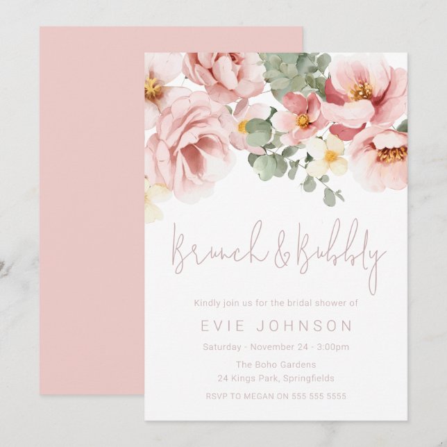 Dusty Rose Brunch & Bubbly Brautparty Einladung (Vorne/Hinten)