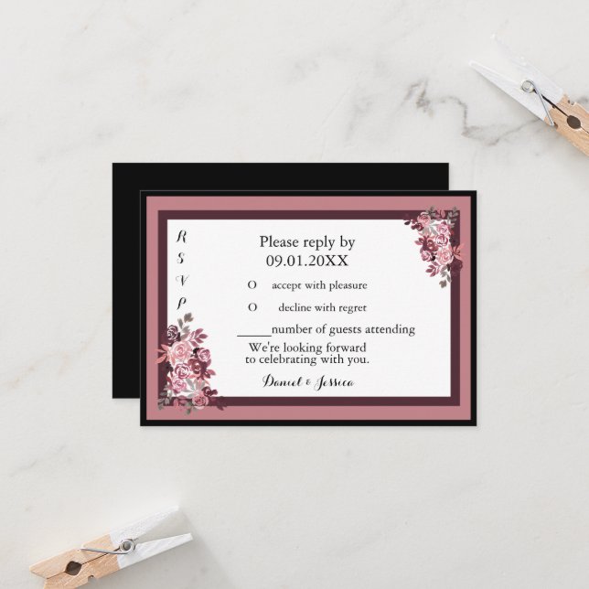 Dusty Rose Burgandy Wedding RSVP Einladung (Vorderseite/Rückseite Beispiel)