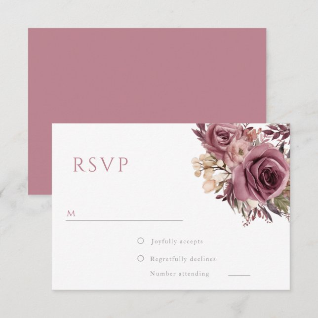 Dusty Rose & Burgundy Boho Floral Wedding RSVP Karte (Vorne/Hinten)