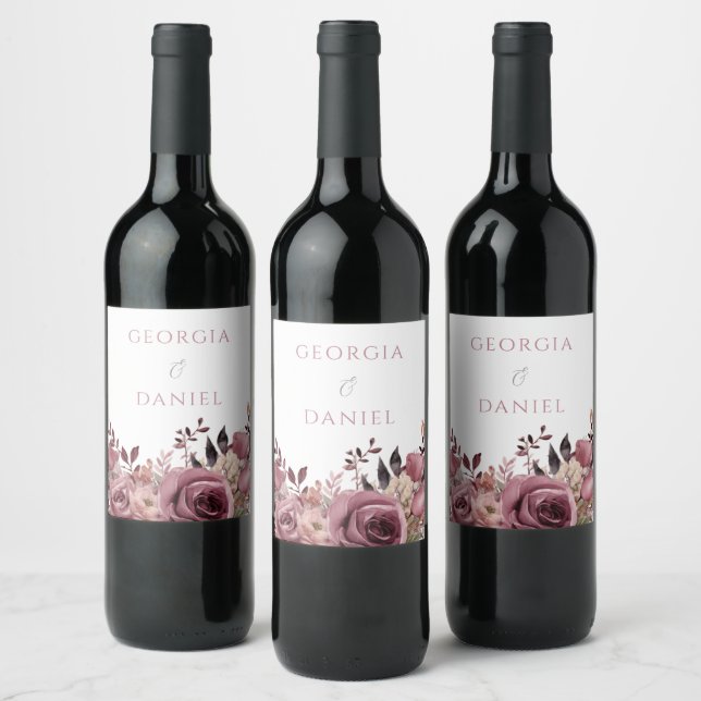 Dusty Rose & Burgundy Boho Floral Wedding Weinetikett (Flaschen)