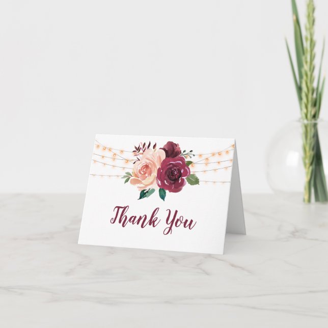 Dusty Rose Burgundy Floral String Lights Wedding Dankeskarte (Vorderseite)