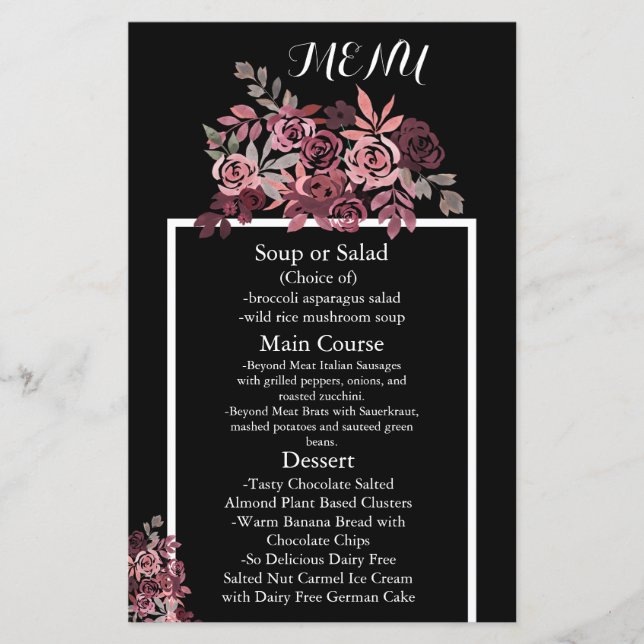 Dusty Rose Burgundy Floral Wedding Menu (Vorderseite)