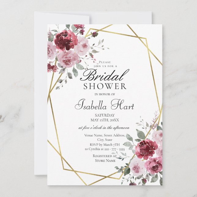Dusty Rose Burgundy Gold Floral Brautparty Einladung (Vorderseite)