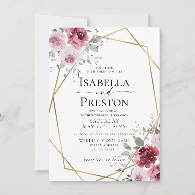 Dusty Rose Burgundy Gold Floral Wedding Einladung (Vorderseite)