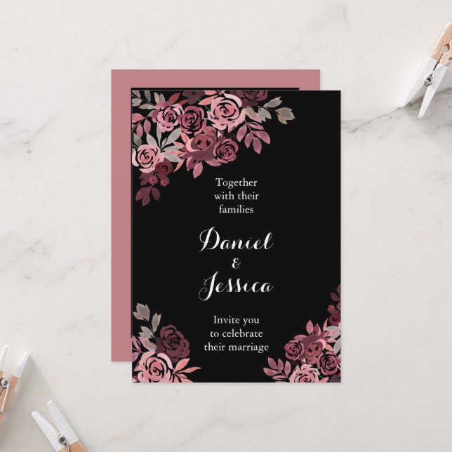 Dusty Rose Burgundy Wedding Einladung (Vorderseite/Rückseite Beispiel)