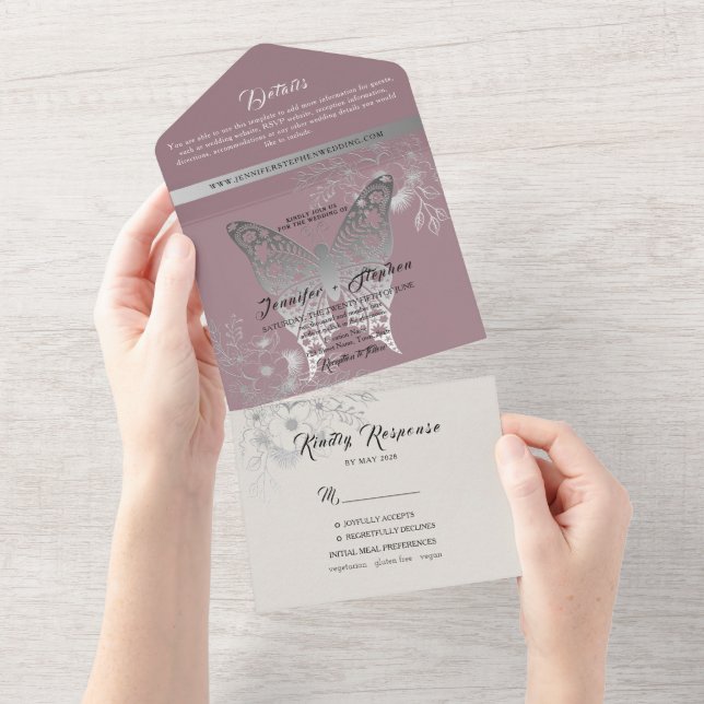Dusty Rose Butterfly Wedding Einladung (Abreißen)