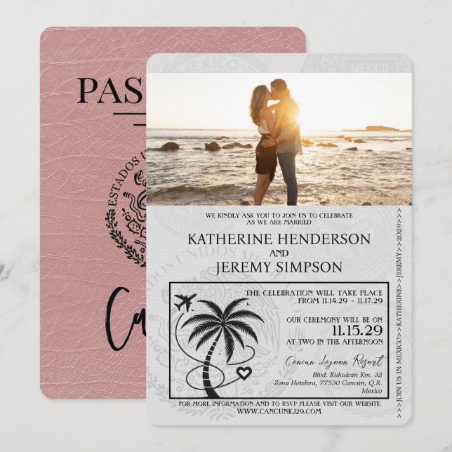 Dusty Rose Cancun Passport Wedding Einladung (Vorne/Hinten)
