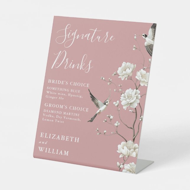Dusty Rose Chinoiserie Signature Drinks Hochzeit Sockelschild (Vorderseite)