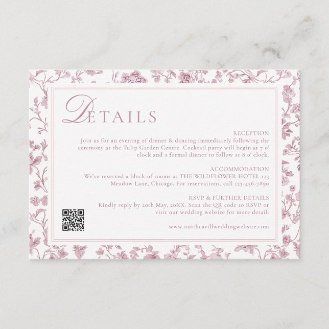 Dusty Rose Chinoiserie Wedding Details Begleitkarte (Vorderseite)