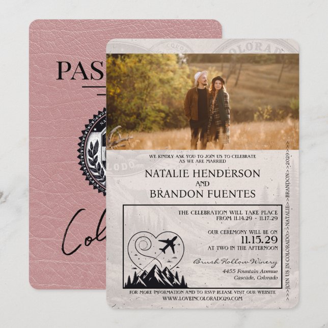 Dusty Rose Colorado Passport Wedding Einladung (Vorne/Hinten)