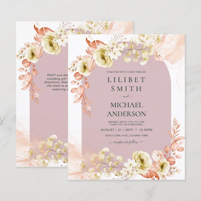 Dusty Rose Coral Boho Floral Wedding Einladungen (Vorne/Hinten)