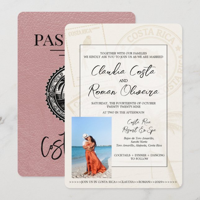 Dusty Rose Costa Rica Pass Einladung Hochzeit (Vorne/Hinten)