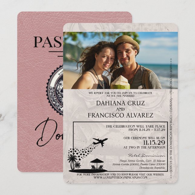 Dusty Rose Dominikanische Republik Passport Weddin Einladung (Vorne/Hinten)