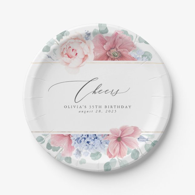 Dusty Rose Dusty Blue Floral Elegant Botanisch Pappteller (Vorderseite)