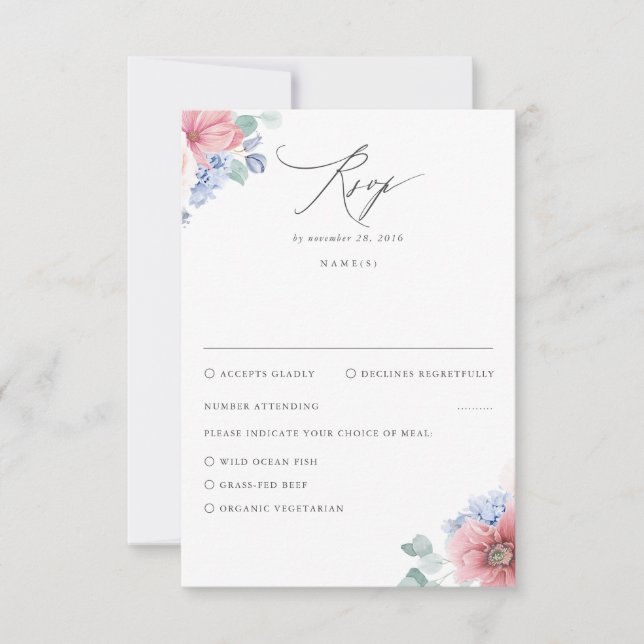 Dusty Rose Dusty Blue Floral Wedding RSVP (Vorderseite)